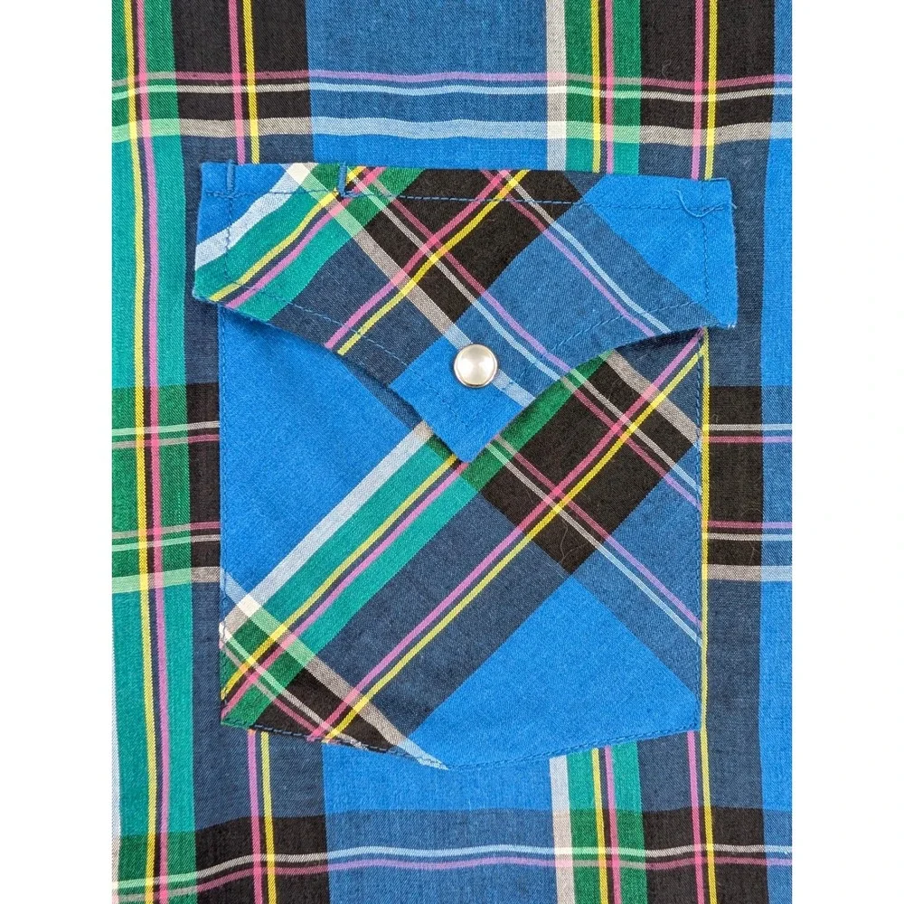Vintage Plains Western Wear Mens 2X Big‎ Man Blue Plaid SS Pearl Snap Shirt